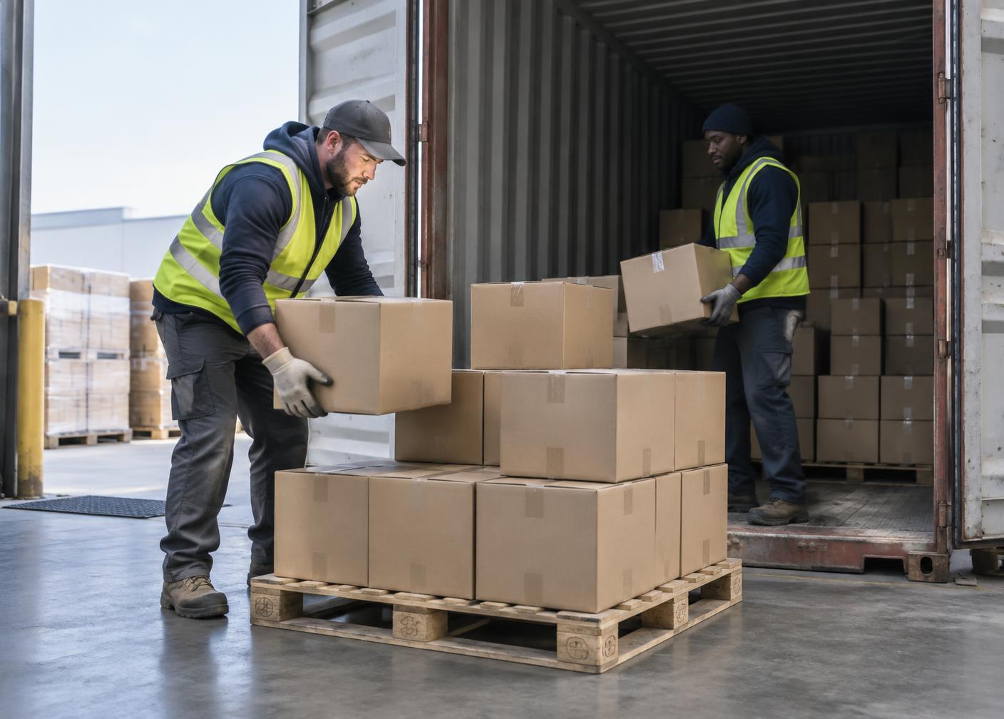 Medewerkers lossen handmatig dozen uit een zeecontainer en stapelen ze op een pallet