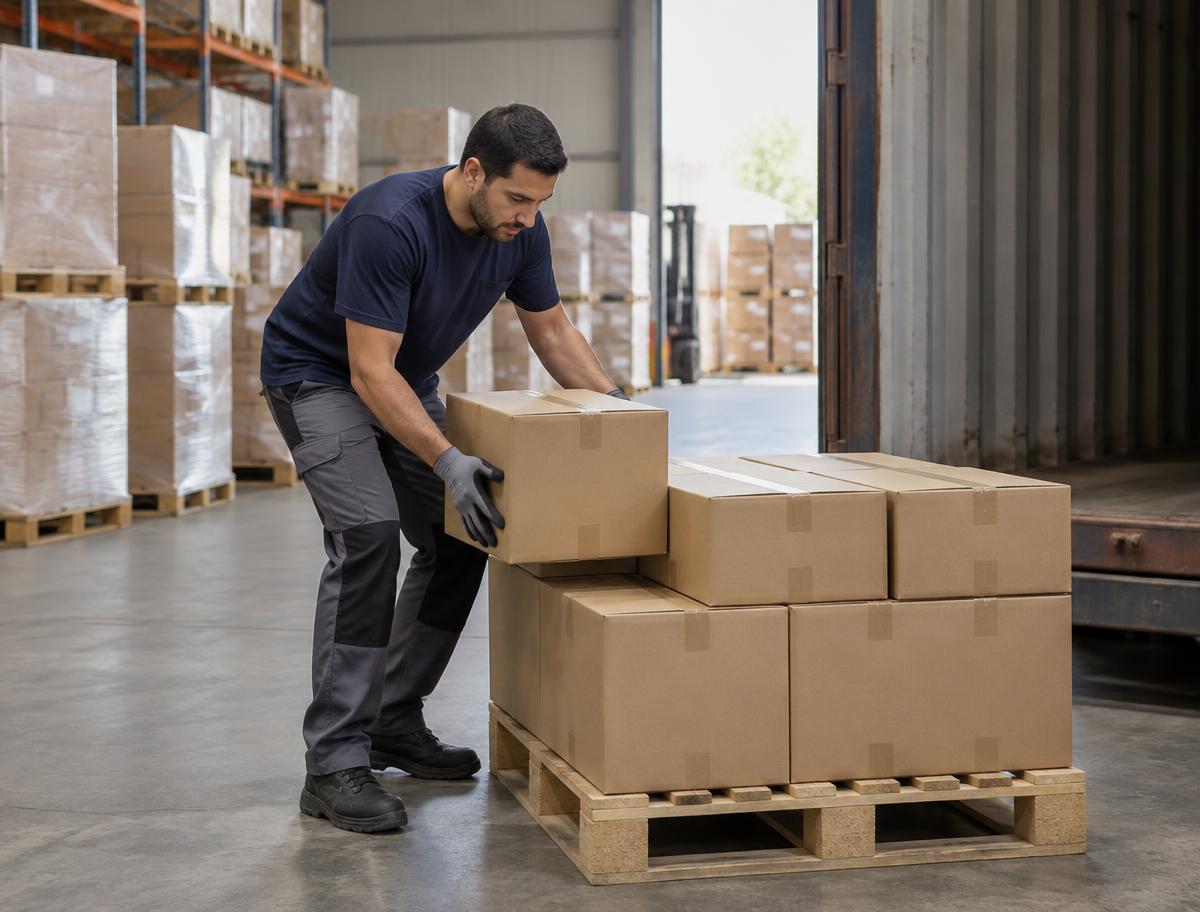 Dozen worden netjes en stabiel op een pallet gestapeld in een magazijn